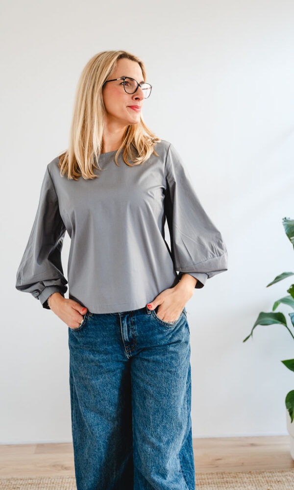 Dámská bavlněná tunika POPLIN s balónovými rukávy tmavě šedá